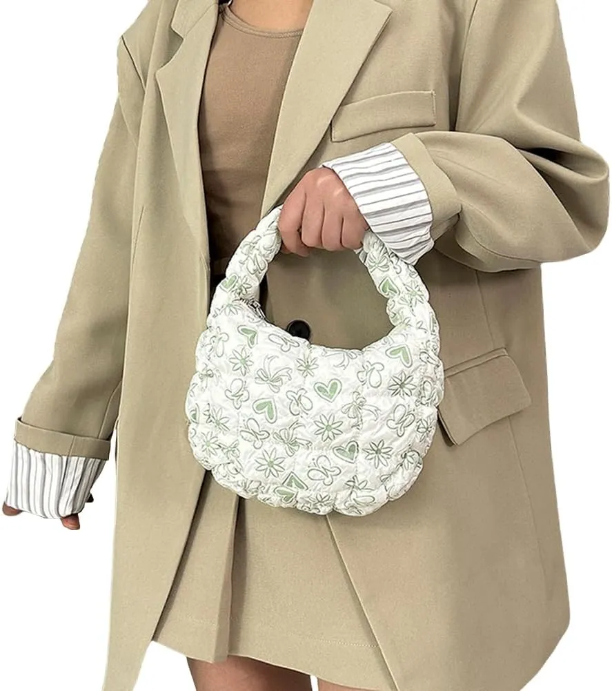 Women Quilted Padded Ruched Handbag Bubble Tote Bag with Zipper Hobo Bag Crescent Satchel Purse for Work Travel