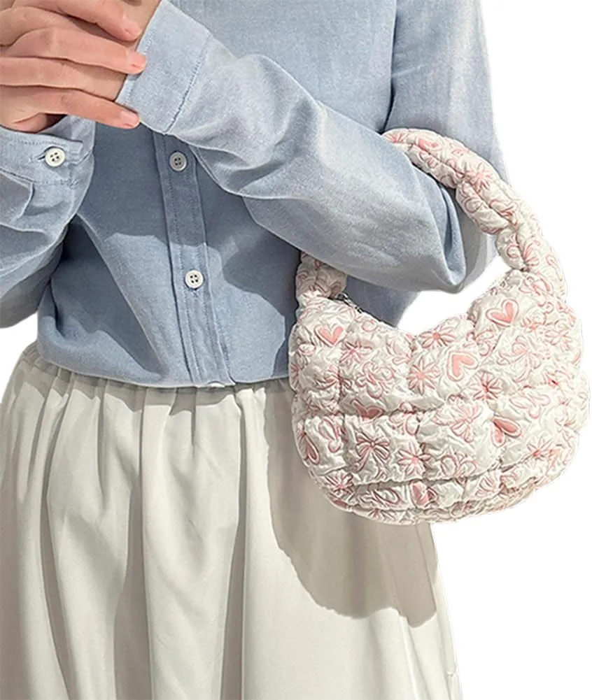 Women Quilted Padded Ruched Handbag Bubble Tote Bag with Zipper Hobo Bag Crescent Satchel Purse for Work Travel