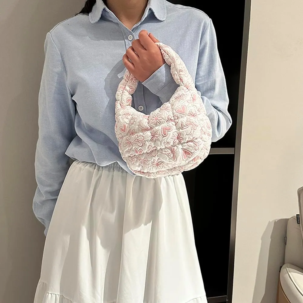 Women Quilted Padded Ruched Handbag Bubble Tote Bag with Zipper Hobo Bag Crescent Satchel Purse for Work Travel