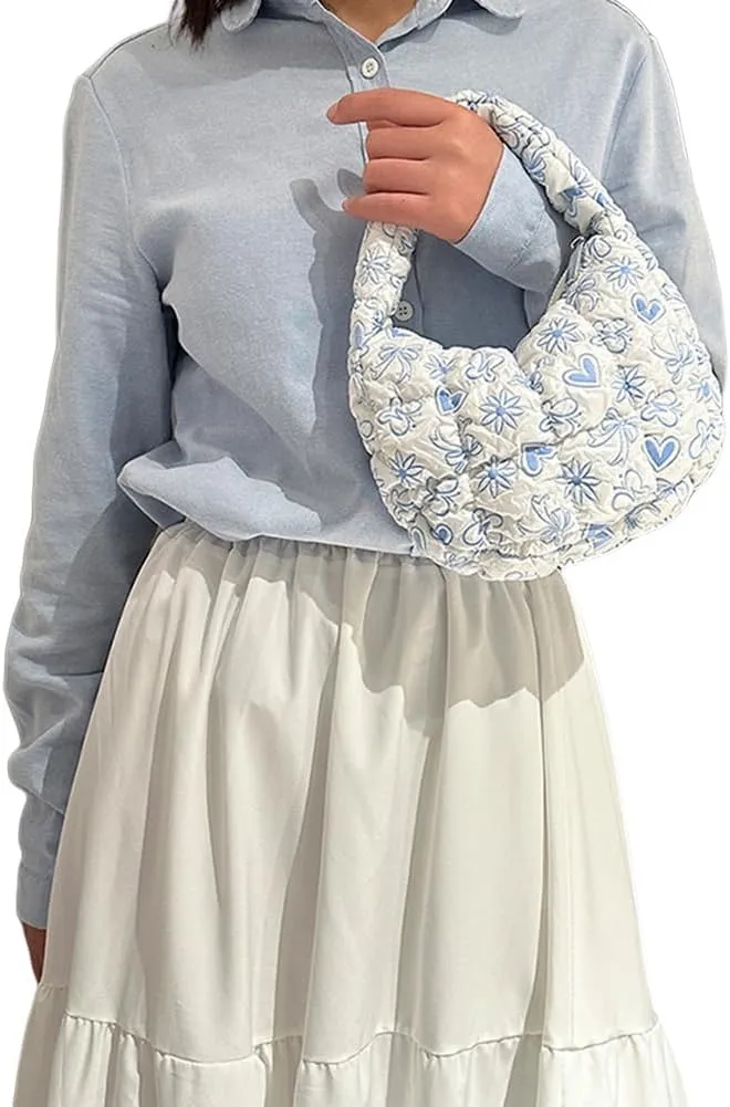 Women Quilted Padded Ruched Handbag Bubble Tote Bag with Zipper Hobo Bag Crescent Satchel Purse for Work Travel