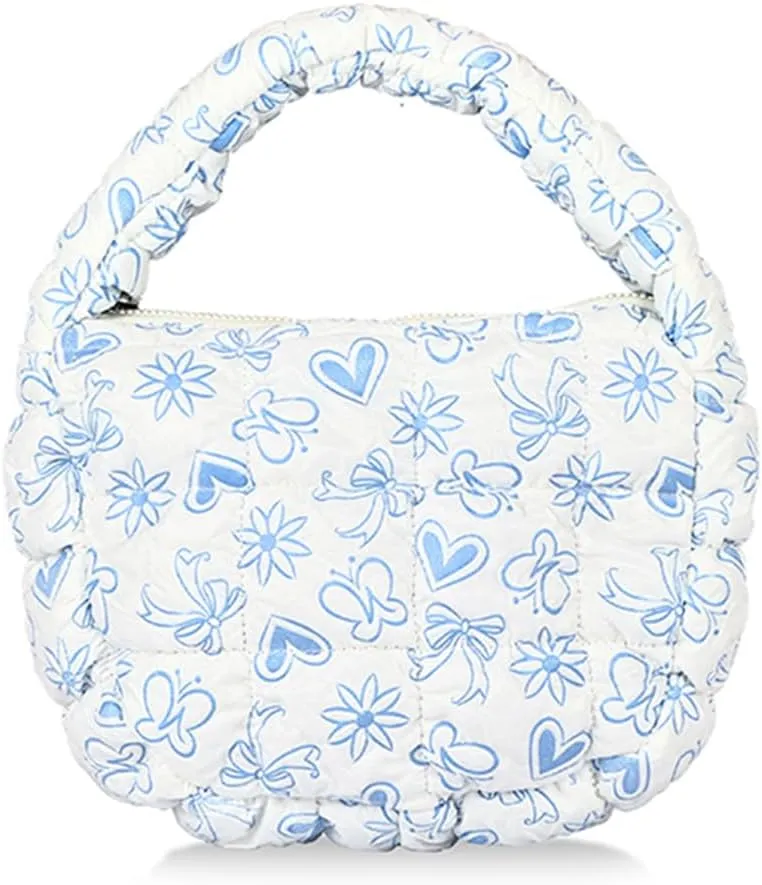 Women Quilted Padded Ruched Handbag Bubble Tote Bag with Zipper Hobo Bag Crescent Satchel Purse for Work Travel