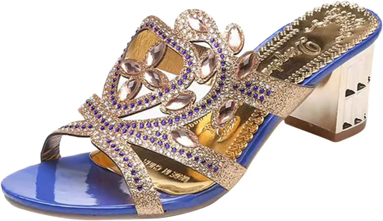 Women Round Toe Leaf Leather Heeled Sandal Slip On Dress Low Heels Sparkly Sandals Summer Party Dressy Shoes