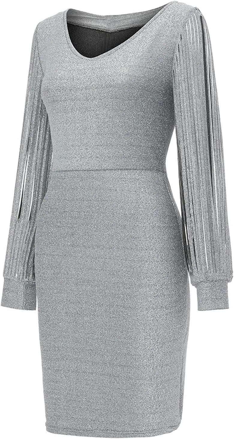 Women Sequin Bodycon Midi Dress Elegant Long Sleeve Cutout Party Evening Gown Formal Dresses