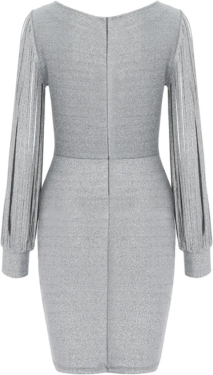 Women Sequin Bodycon Midi Dress Elegant Long Sleeve Cutout Party Evening Gown Formal Dresses
