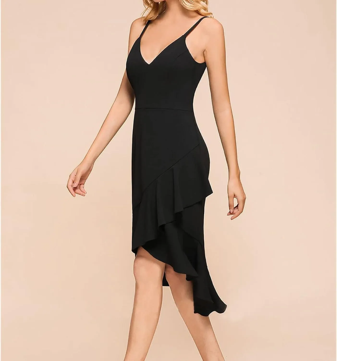 Women Sexy Cocktail Midi Dress Casual Suspender Ruffle Hem Sling Dresses Floral Print V Neck Sleeveless Pencil Dress