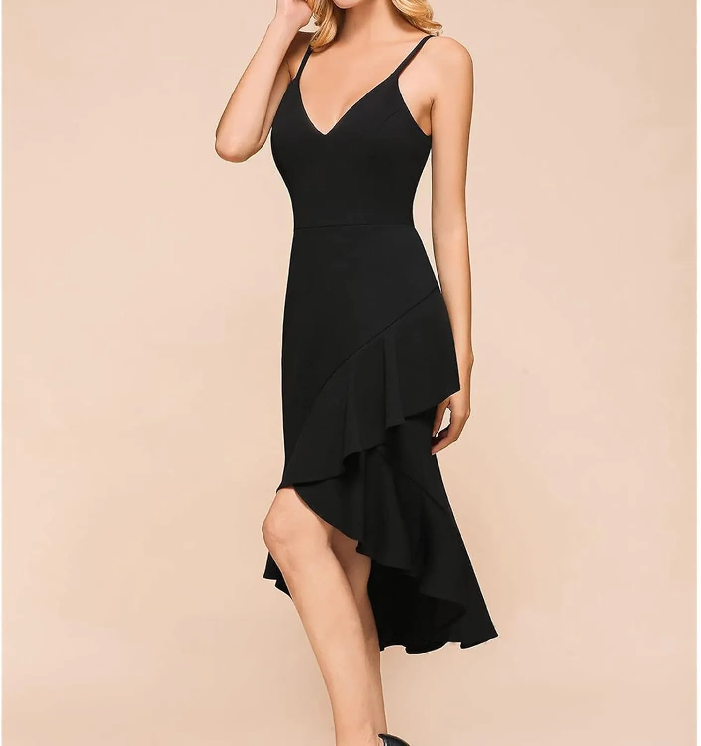 Women Sexy Cocktail Midi Dress Casual Suspender Ruffle Hem Sling Dresses Floral Print V Neck Sleeveless Pencil Dress