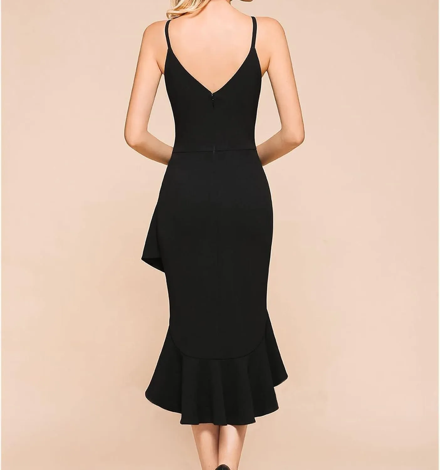 Women Sexy Cocktail Midi Dress Casual Suspender Ruffle Hem Sling Dresses Floral Print V Neck Sleeveless Pencil Dress