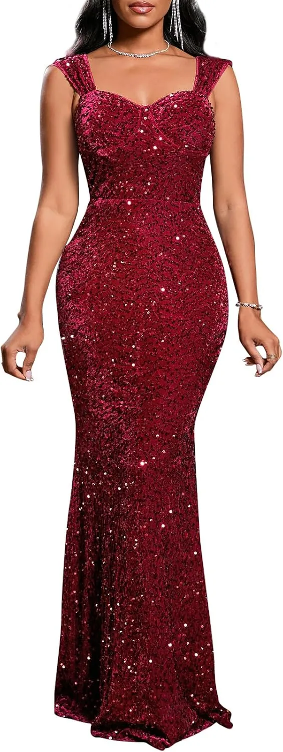 Women Sexy Sequin Off Shoulder Bodycon Evening Maxi Dress