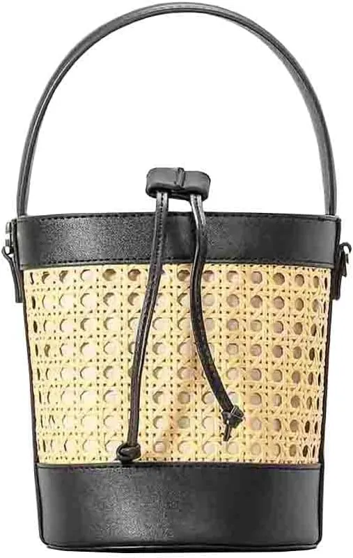 Women Straw Rattan Bucket Bag, Hollowed Out Seaside Drawstring Handbag Purse, Leather Summer Beach Boho Shoulder Bag