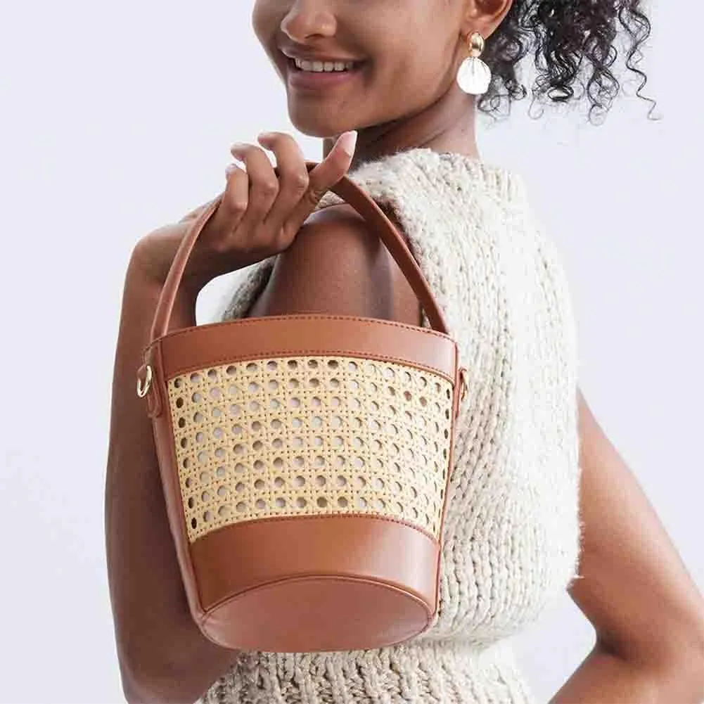 Women Straw Rattan Bucket Bag, Hollowed Out Seaside Drawstring Handbag Purse, Leather Summer Beach Boho Shoulder Bag