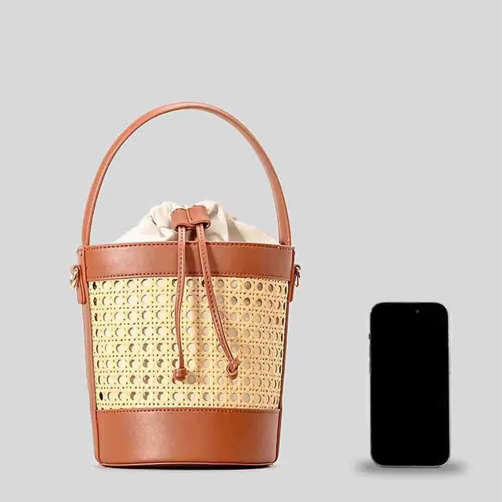 Women Straw Rattan Bucket Bag, Hollowed Out Seaside Drawstring Handbag Purse, Leather Summer Beach Boho Shoulder Bag
