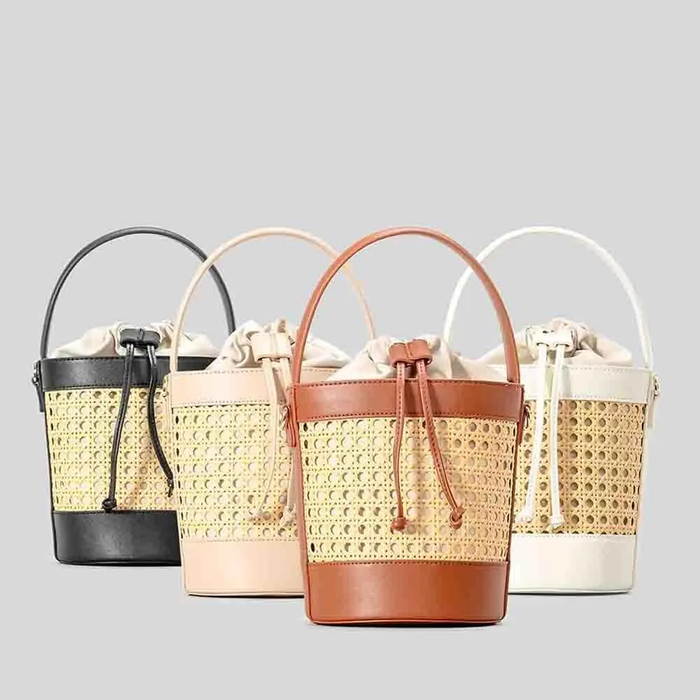 Women Straw Rattan Bucket Bag, Hollowed Out Seaside Drawstring Handbag Purse, Leather Summer Beach Boho Shoulder Bag