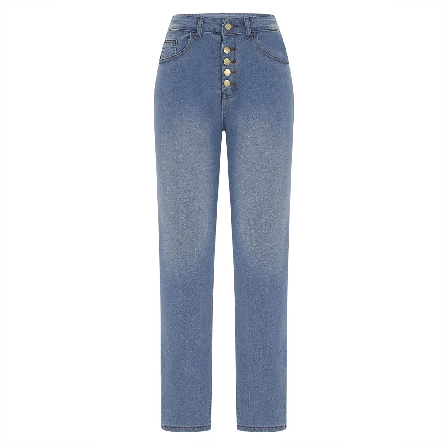 Women Stretchy High Waist Jeans Trendy Button Straight Leg Denim Pants Baggy Lounge Full Length Trousers with Pockets
