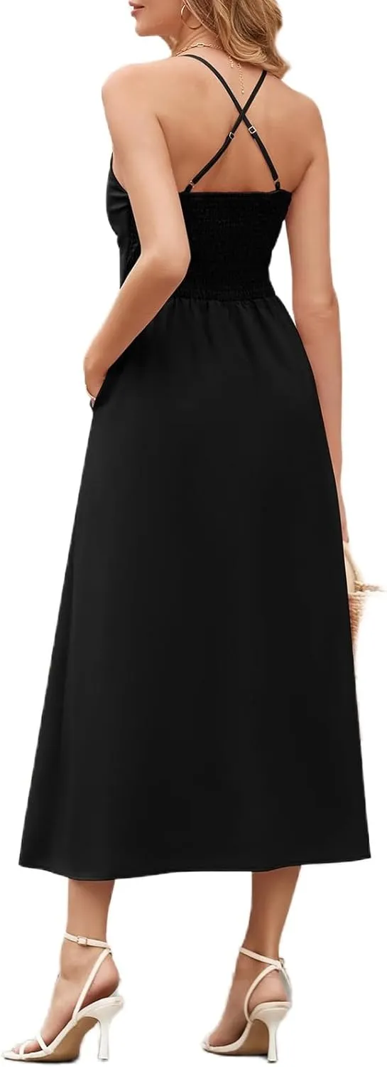 Women Summer Casual Midi Dress Spaghetti Strap Sleeveless V Neck Beach Party Wedding Halter Cutout Slit Dresses