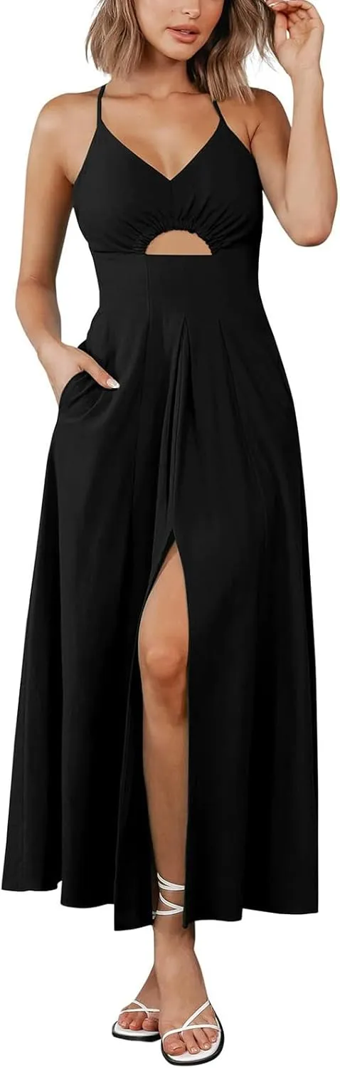 Women Summer Casual Midi Dress Spaghetti Strap Sleeveless V Neck Beach Party Wedding Halter Cutout Slit Dresses