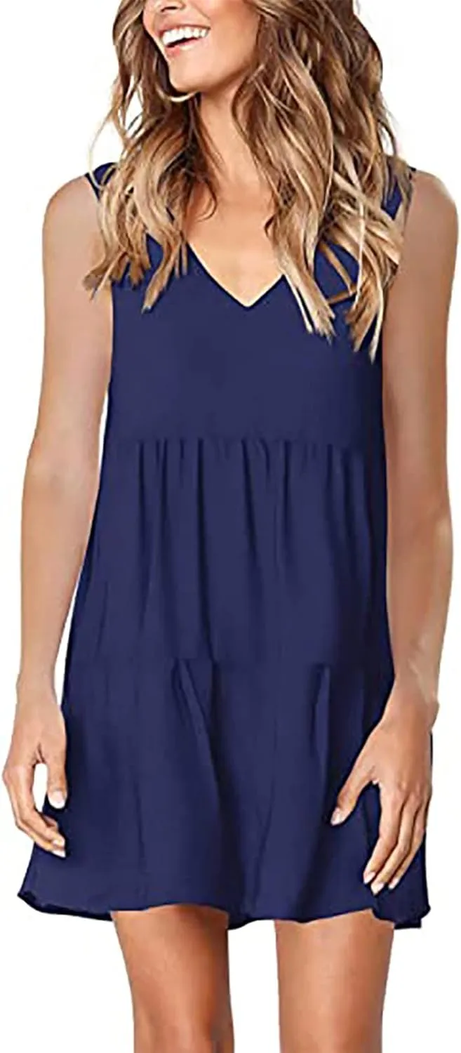 Women Summer Casual T Shirt Dresses Beach Cover Up Plain Pleated Tank Dress V Neck Sleeveless Ruffle Flowy Mini Dresses