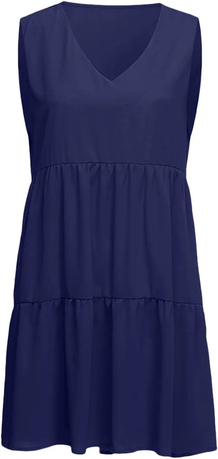 Women Summer Casual T Shirt Dresses Beach Cover Up Plain Pleated Tank Dress V Neck Sleeveless Ruffle Flowy Mini Dresses