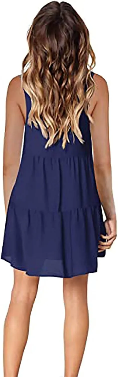 Women Summer Casual T Shirt Dresses Beach Cover Up Plain Pleated Tank Dress V Neck Sleeveless Ruffle Flowy Mini Dresses