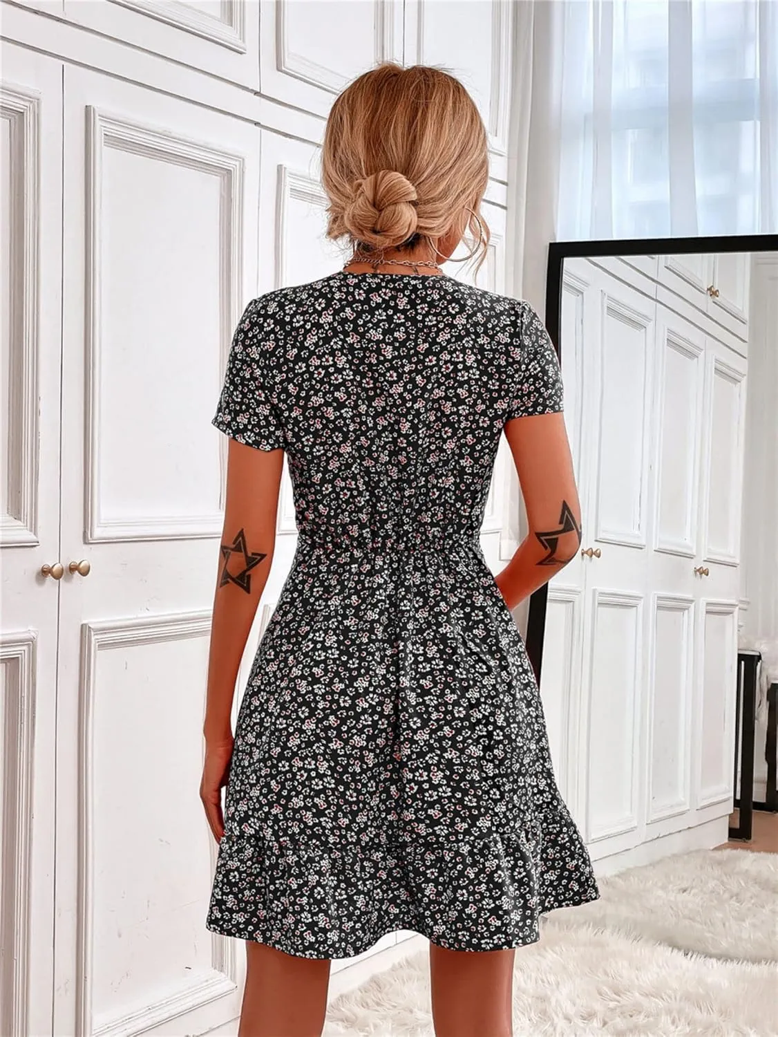 Women Summer Dresses Floral V-Neck Ruffle Hem Dress Short Sleeve Wrap Mini Dress Party Elegant Vintage A Line Dress
