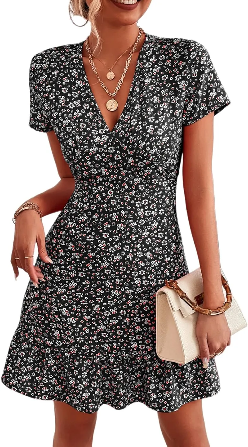Women Summer Dresses Floral V-Neck Ruffle Hem Dress Short Sleeve Wrap Mini Dress Party Elegant Vintage A Line Dress