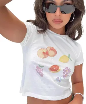 Women Y2K Baby Tees Vintage Graphic Print Crop Tops Aesthetic E-Girls Cute Shirt for Woman