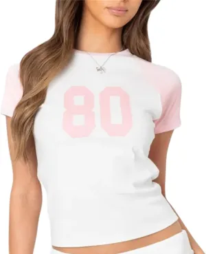 Women Y2K Short Sleeve Jersey Crop Tops Numer Print Crew Neck Baby Tee 90S Vintage Slim Fit Shirts Streetwear