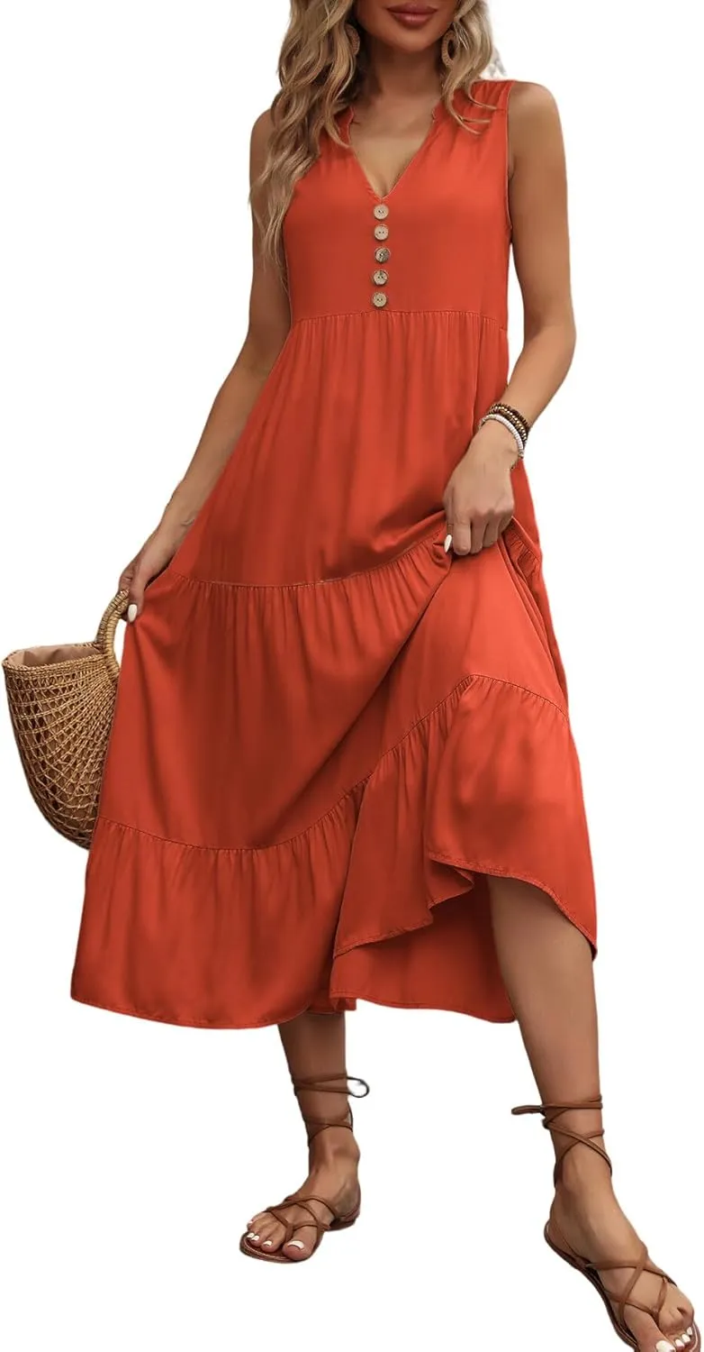 Women's 2024 Summer Dress V Neck Sleeveless Casual Dress Midi Beach Sundress Flowy Summer Dress T-Shirt Dress