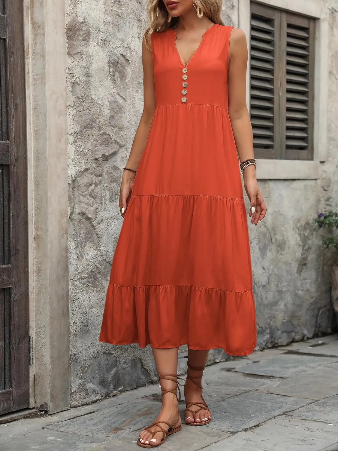 Women's 2024 Summer Dress V Neck Sleeveless Casual Dress Midi Beach Sundress Flowy Summer Dress T-Shirt Dress