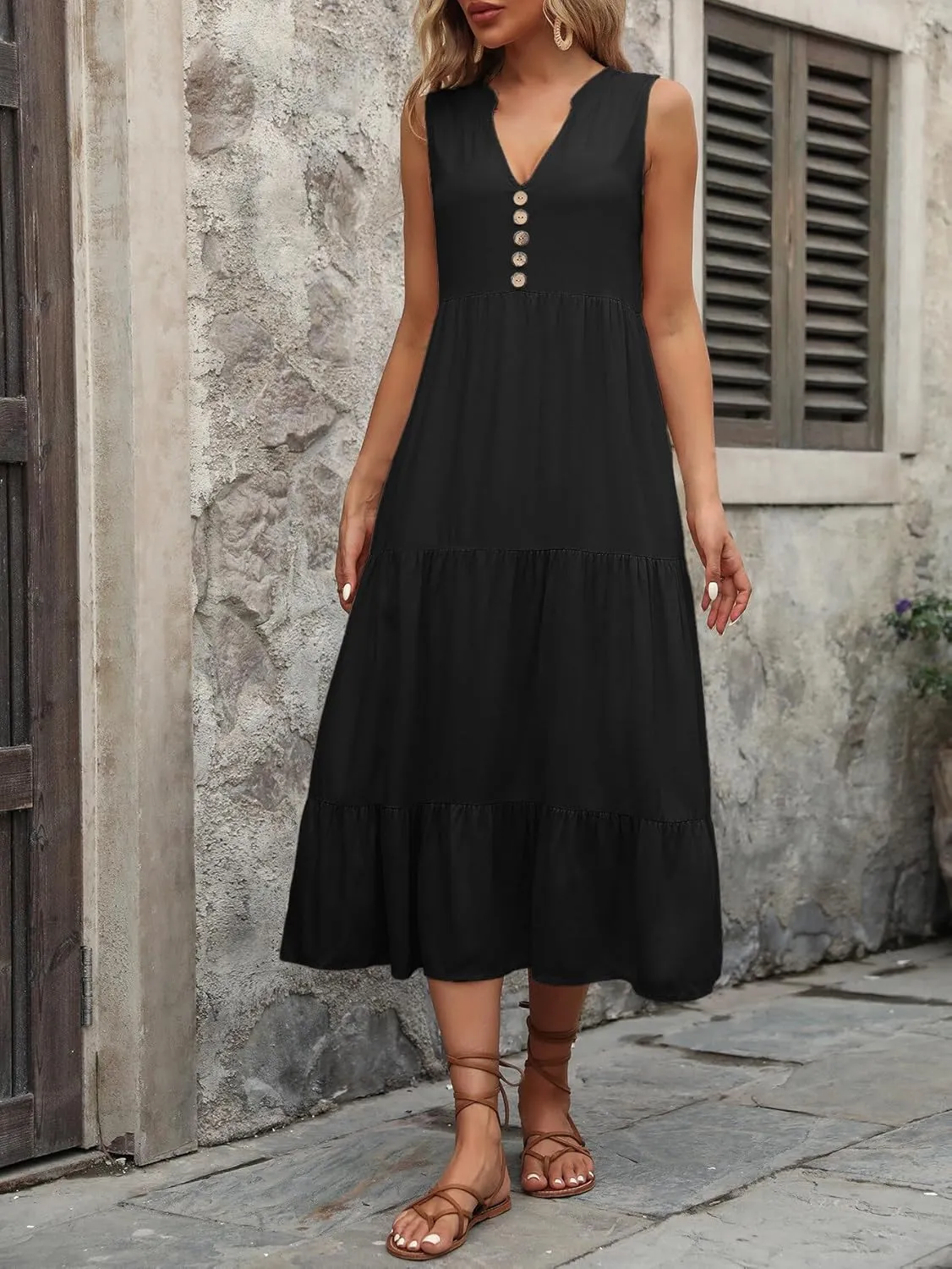 Women's 2024 Summer Dress V Neck Sleeveless Casual Dress Midi Beach Sundress Flowy Summer Dress T-Shirt Dress