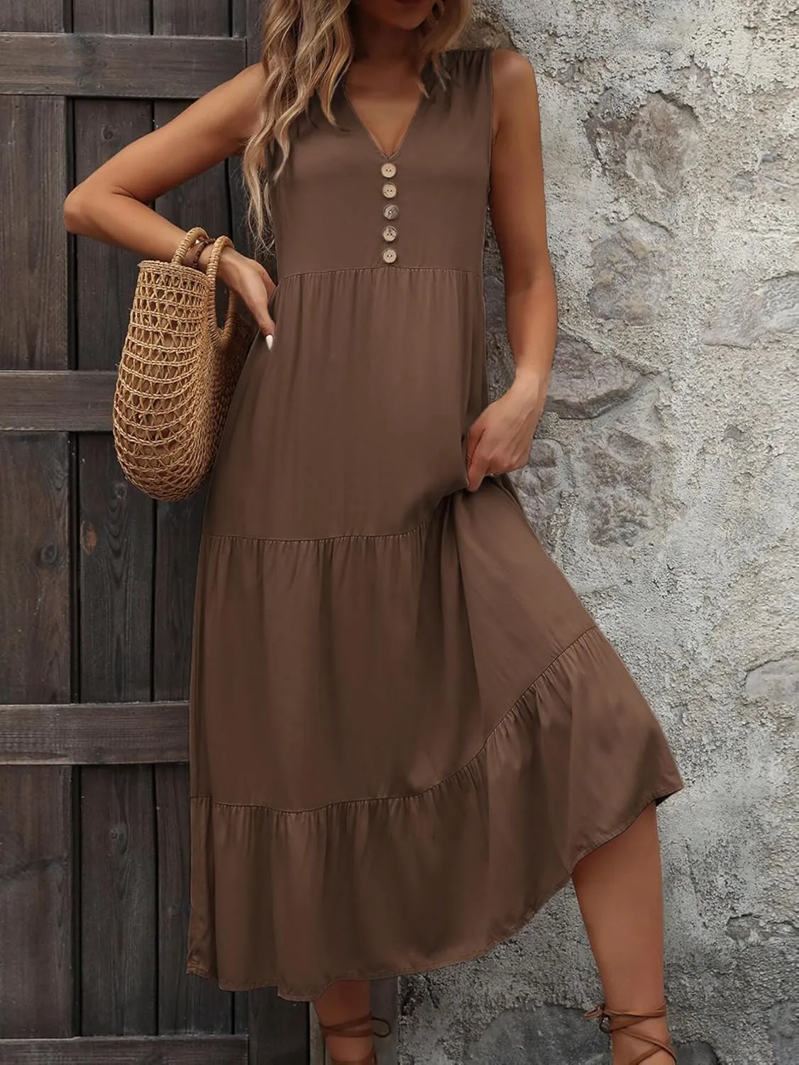 Women's 2024 Summer Dress V Neck Sleeveless Casual Dress Midi Beach Sundress Flowy Summer Dress T-Shirt Dress