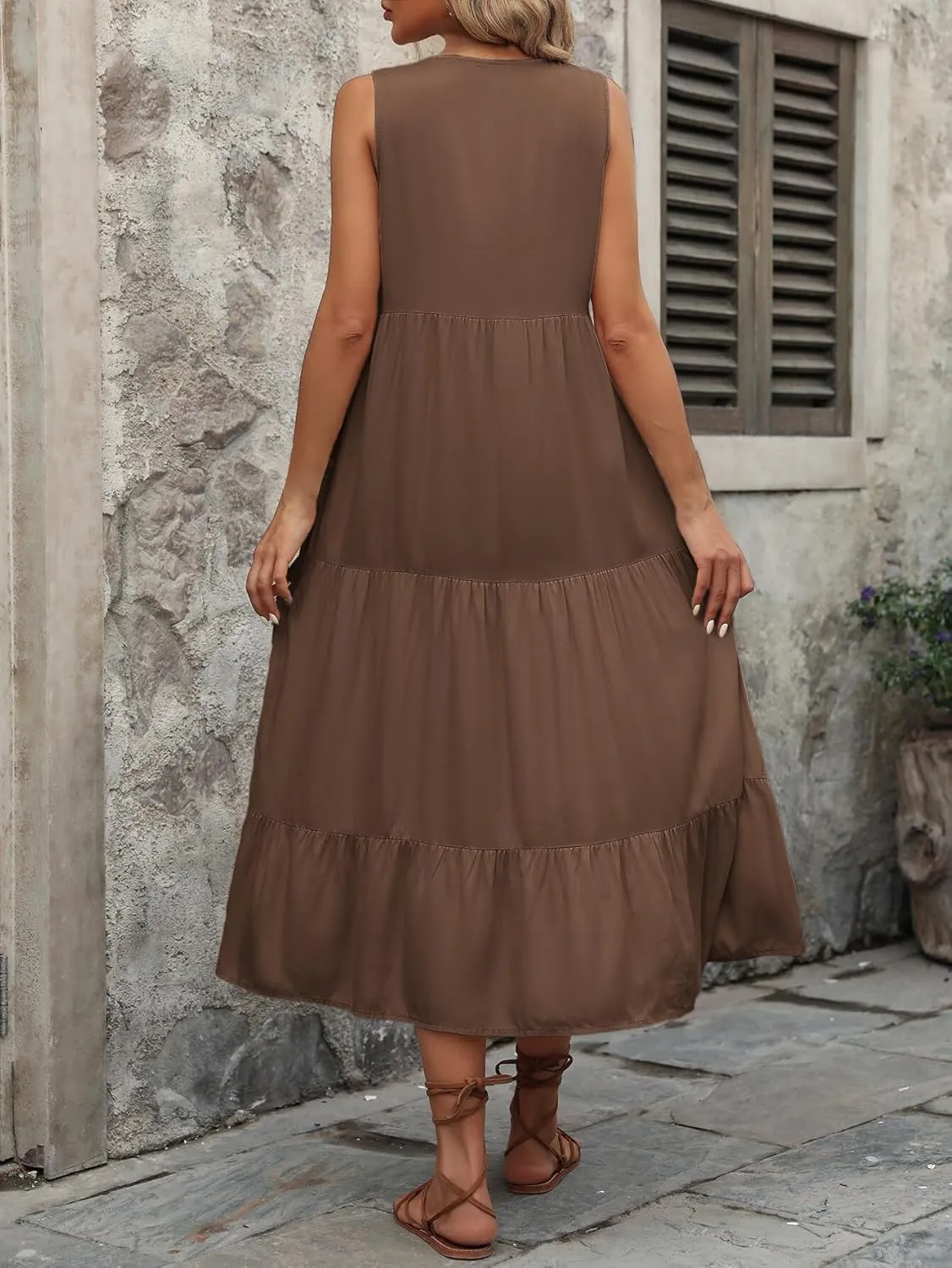 Women's 2024 Summer Dress V Neck Sleeveless Casual Dress Midi Beach Sundress Flowy Summer Dress T-Shirt Dress