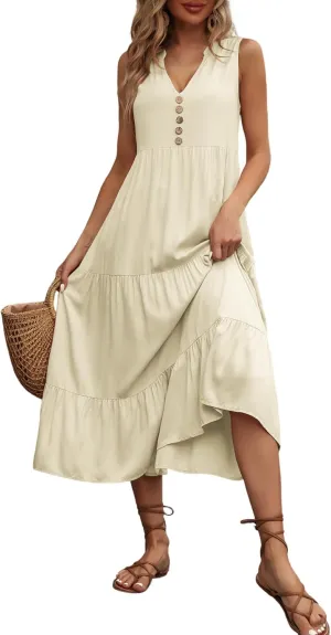 Women's 2024 Summer Dress V Neck Sleeveless Casual Dress Midi Beach Sundress Flowy Summer Dress T-Shirt Dress