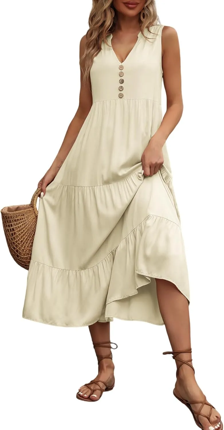 Women's 2024 Summer Dress V Neck Sleeveless Casual Dress Midi Beach Sundress Flowy Summer Dress T-Shirt Dress