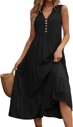Women's 2024 Summer Dress V Neck Sleeveless Casual Dress Midi Beach Sundress Flowy Summer Dress T-Shirt Dress