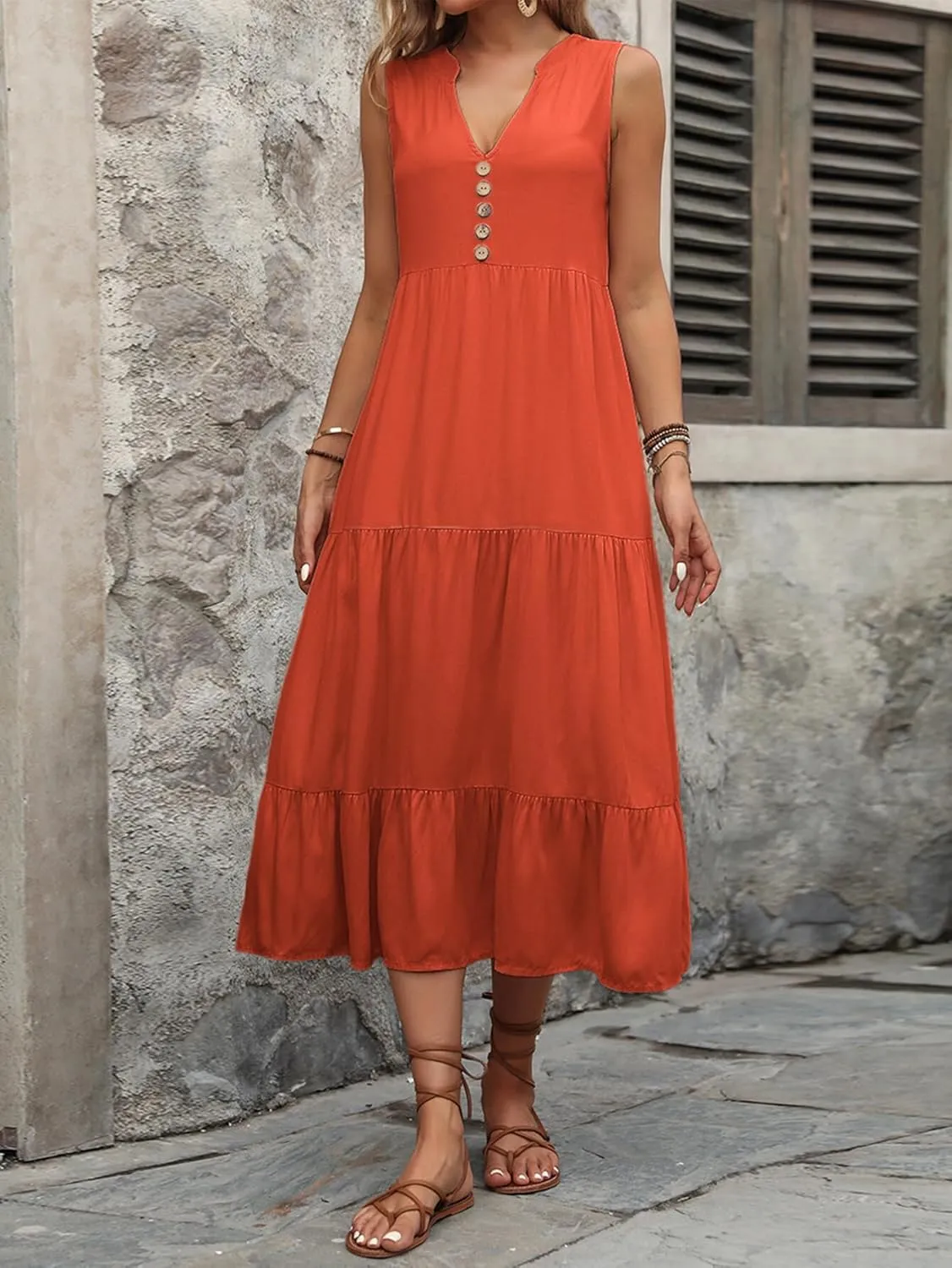 Women's 2024 Summer Dress V Neck Sleeveless Casual Dress Midi Beach Sundress Flowy Summer Dress T-Shirt Dress