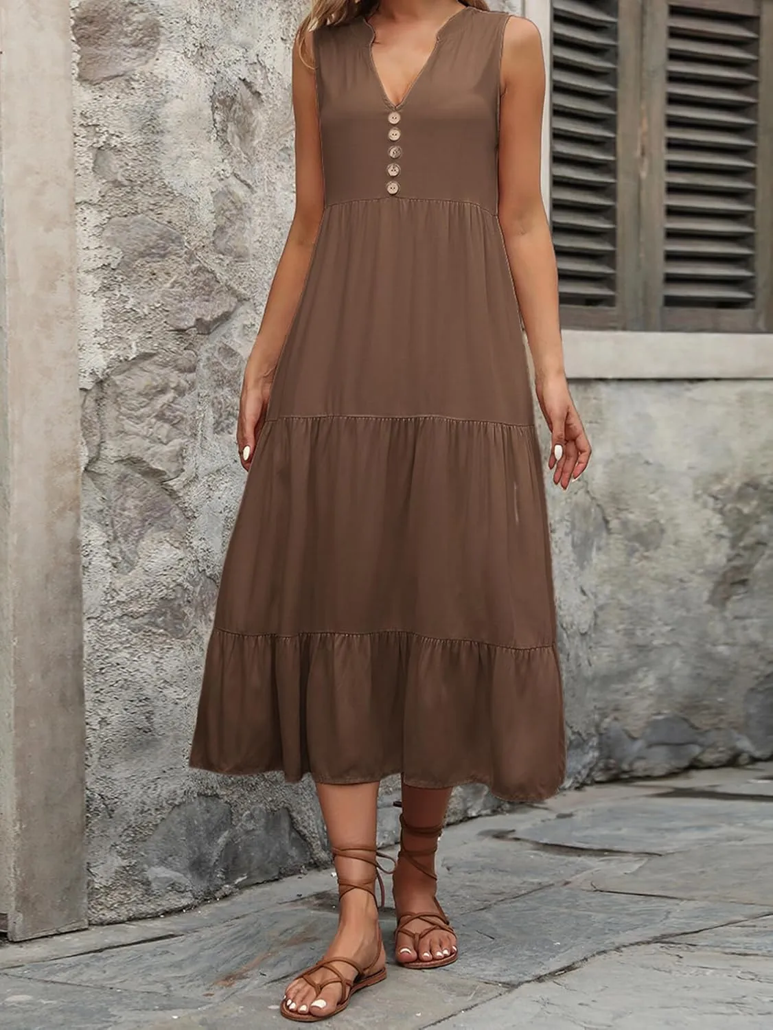 Women's 2024 Summer Dress V Neck Sleeveless Casual Dress Midi Beach Sundress Flowy Summer Dress T-Shirt Dress