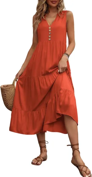 Women's 2024 Summer Dress V Neck Sleeveless Casual Dress Midi Beach Sundress Flowy Summer Dress T-Shirt Dress