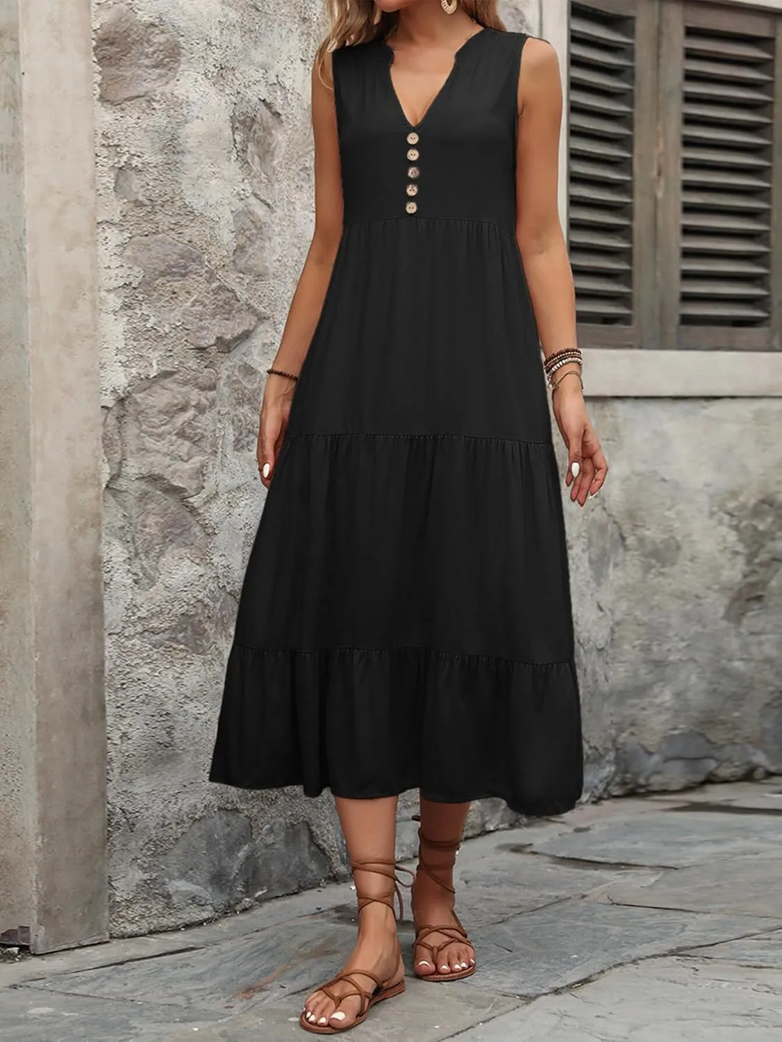 Women's 2024 Summer Dress V Neck Sleeveless Casual Dress Midi Beach Sundress Flowy Summer Dress T-Shirt Dress