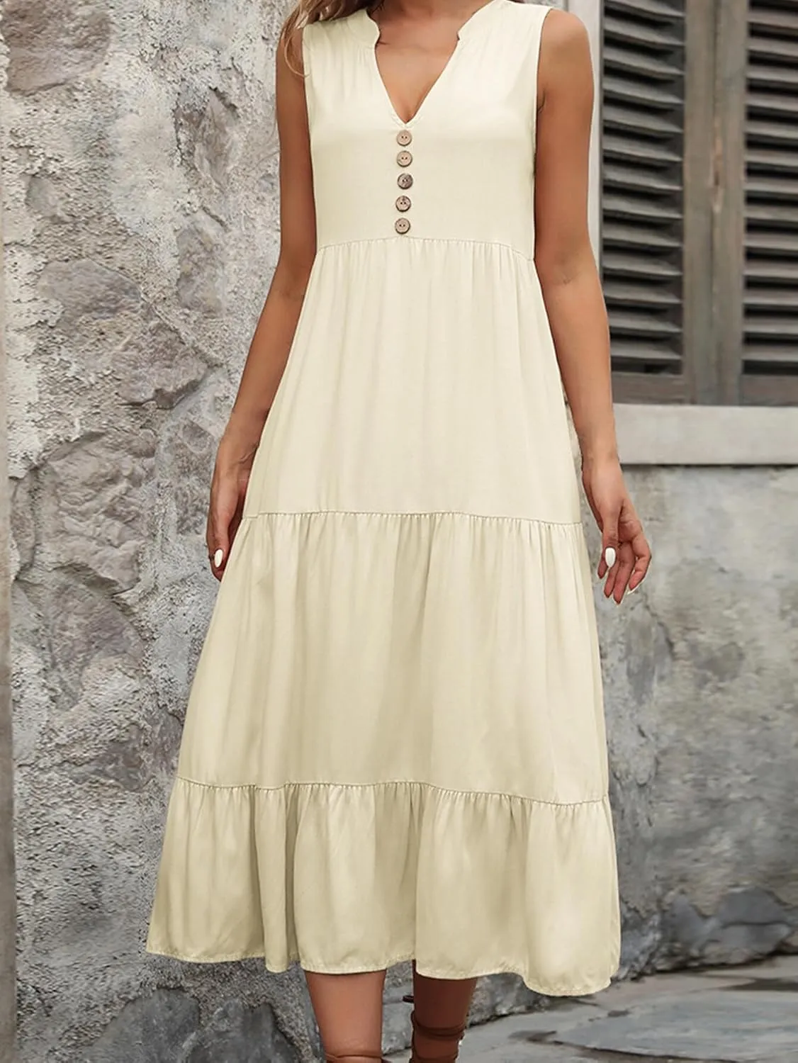 Women's 2024 Summer Dress V Neck Sleeveless Casual Dress Midi Beach Sundress Flowy Summer Dress T-Shirt Dress