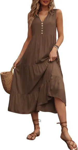 Women's 2024 Summer Dress V Neck Sleeveless Casual Dress Midi Beach Sundress Flowy Summer Dress T-Shirt Dress