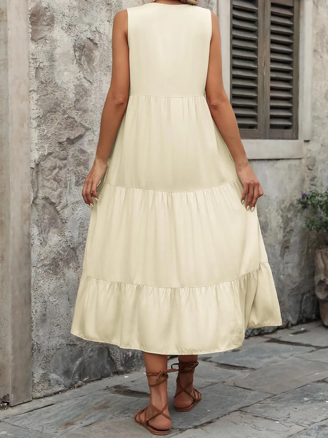 Women's 2024 Summer Dress V Neck Sleeveless Casual Dress Midi Beach Sundress Flowy Summer Dress T-Shirt Dress