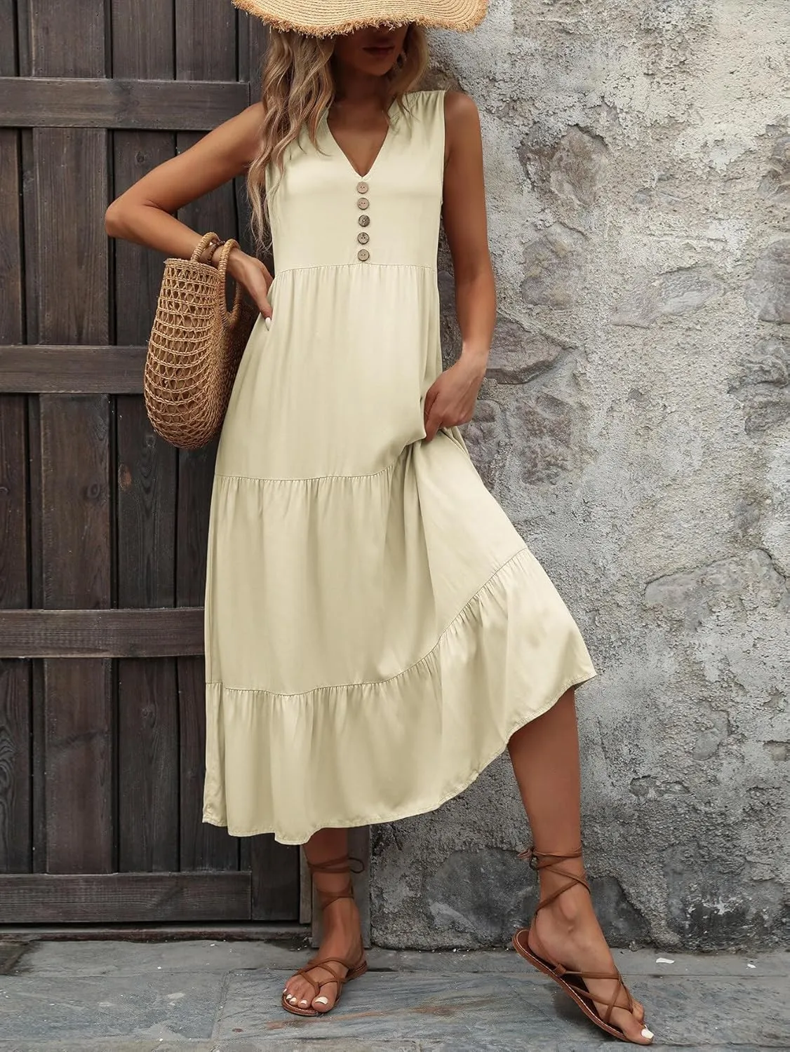 Women's 2024 Summer Dress V Neck Sleeveless Casual Dress Midi Beach Sundress Flowy Summer Dress T-Shirt Dress