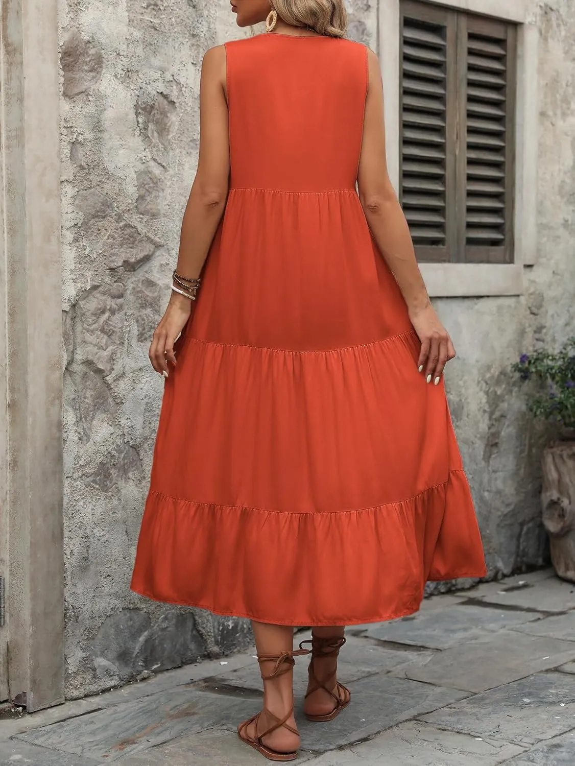Women's 2024 Summer Dress V Neck Sleeveless Casual Dress Midi Beach Sundress Flowy Summer Dress T-Shirt Dress