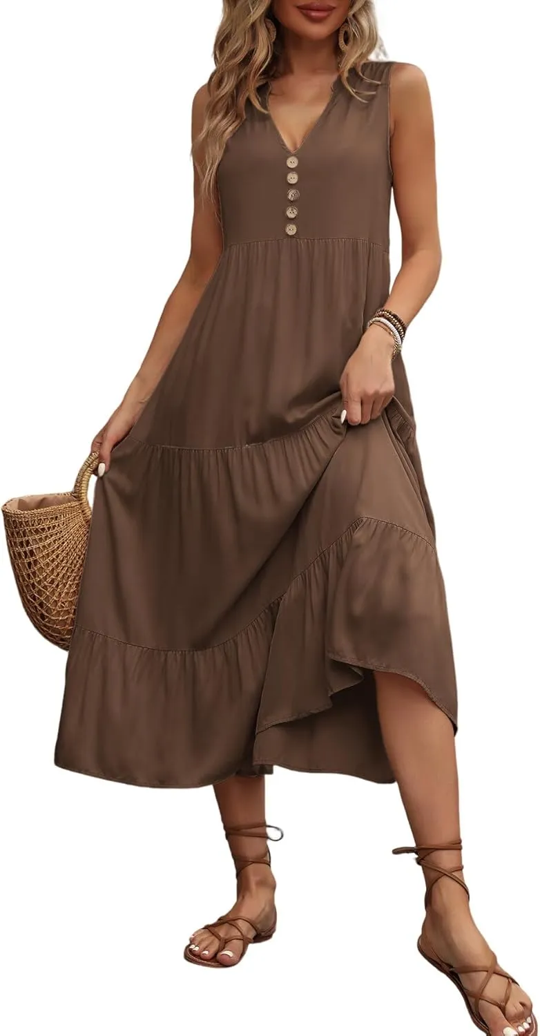 Women's 2024 Summer Dress V Neck Sleeveless Casual Dress Midi Beach Sundress Flowy Summer Dress T-Shirt Dress