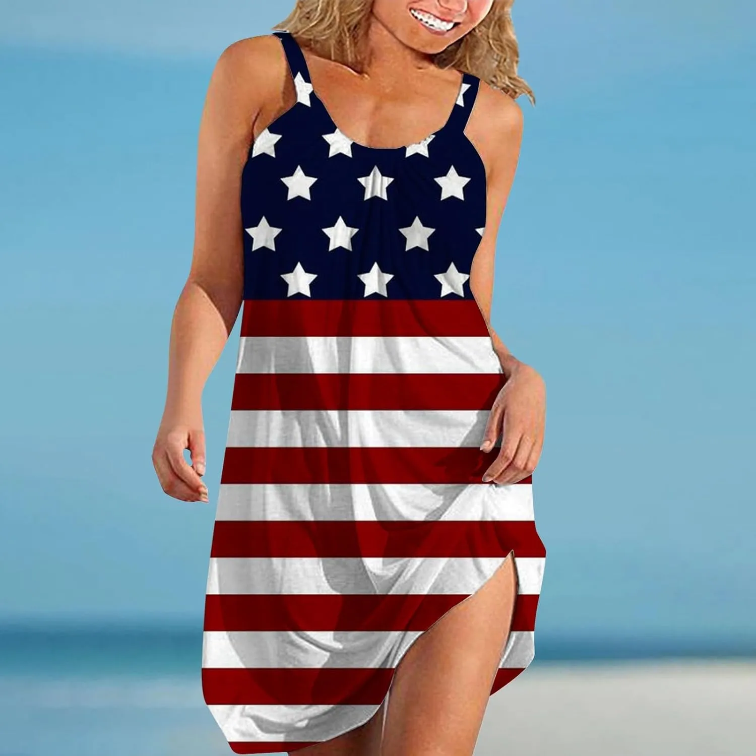 Women's 4th of July USA Flag Print Midi Slip Dress 2024 Summer Casual Beach Dress Plus Size Elegant Flowy Dresses