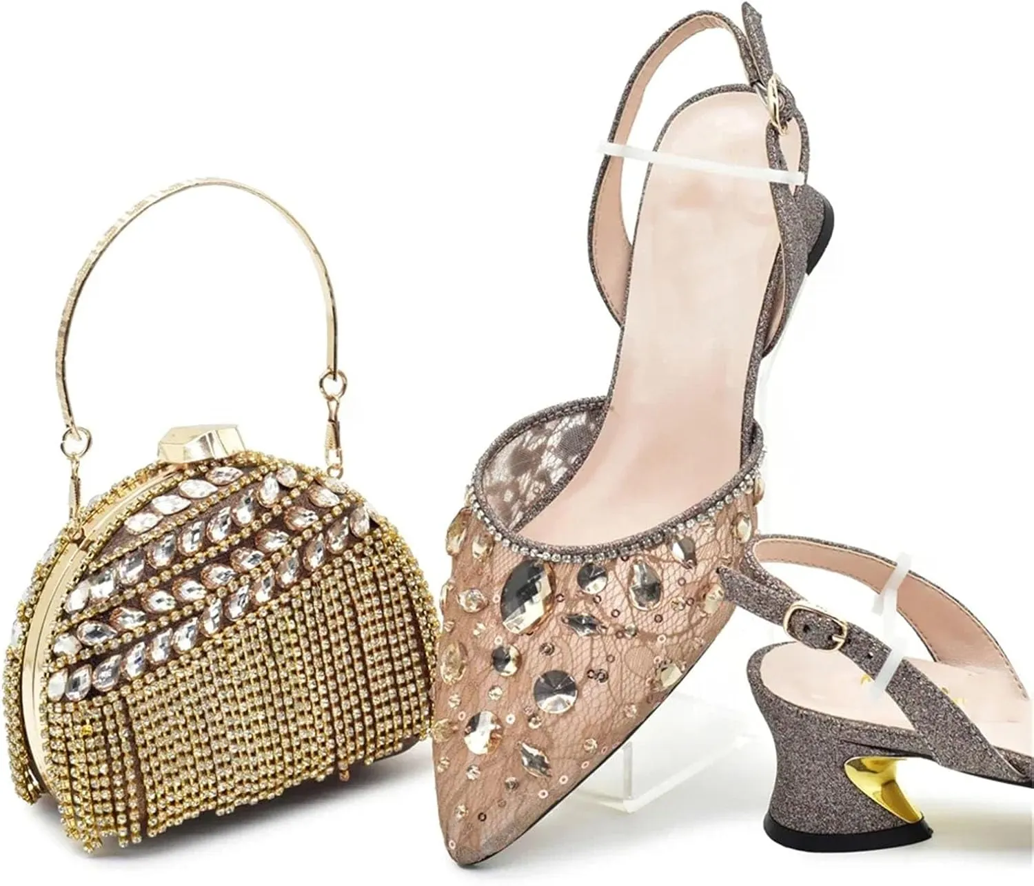 Women's African-Italian Bridal Set - Rhinestone-Embellished Pumps & Matching Clutch Bag