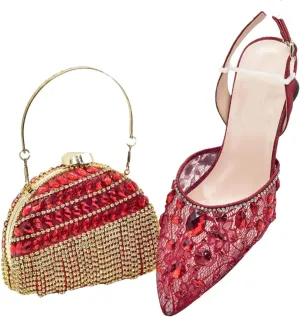 Women's African-Italian Bridal Set - Rhinestone-Embellished Pumps & Matching Clutch Bag