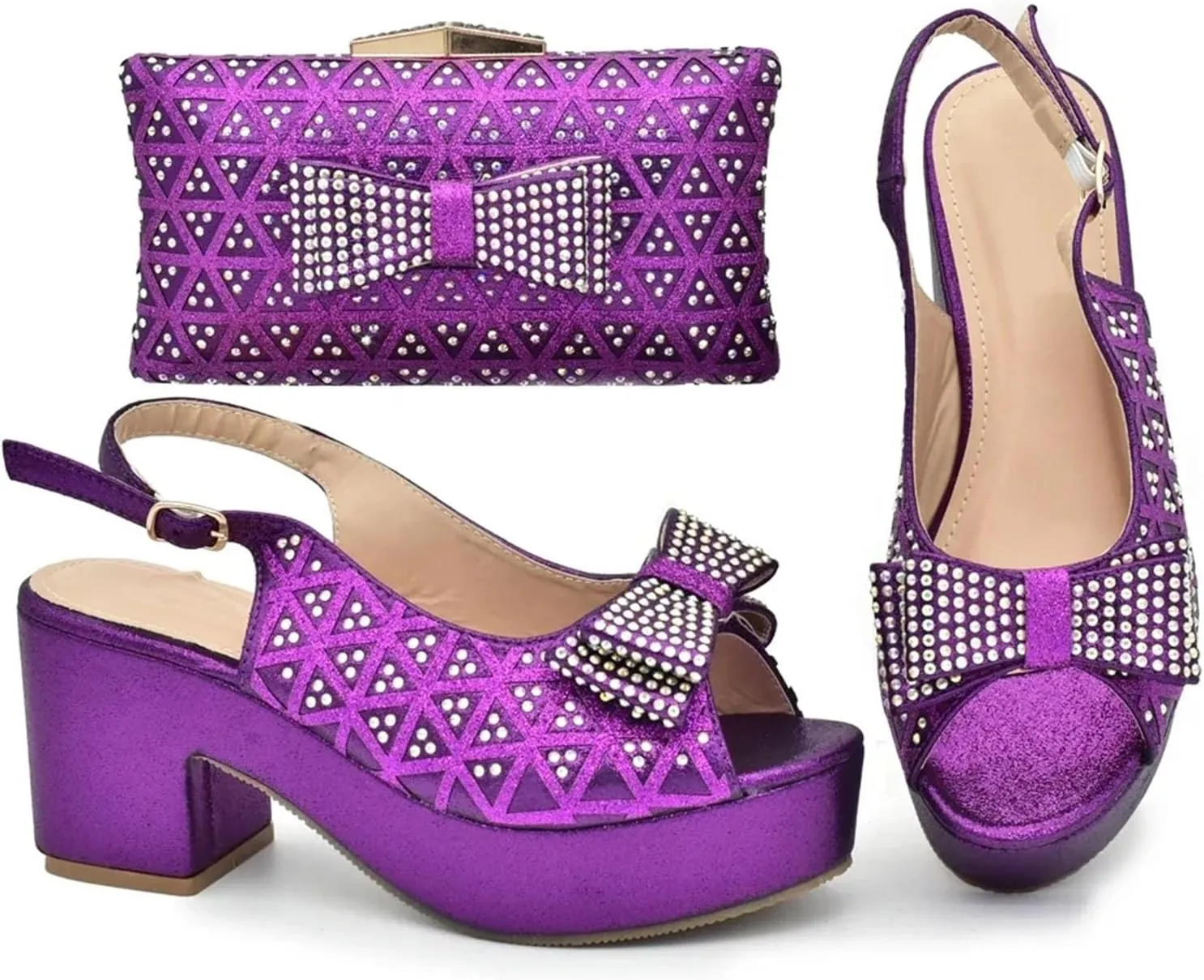 Women's African Women Wedding Shoe & Bag Set - Purple Rhinestone Wedge Pumps & Matching Clutch for Party Celebrations