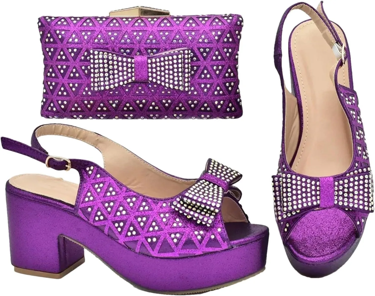 Women's African Women Wedding Shoe & Bag Set - Purple Rhinestone Wedge Pumps & Matching Clutch for Party Celebrations