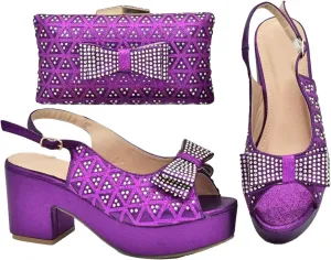 Women's African Women Wedding Shoe & Bag Set - Purple Rhinestone Wedge Pumps & Matching Clutch for Party Celebrations